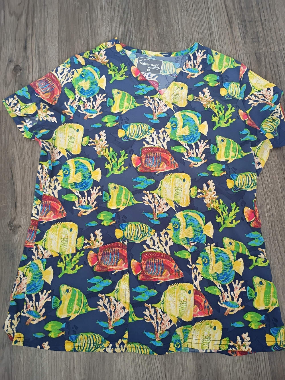 Butter Navy Short Sleeve Top with Multicolor Tropical Fish Print